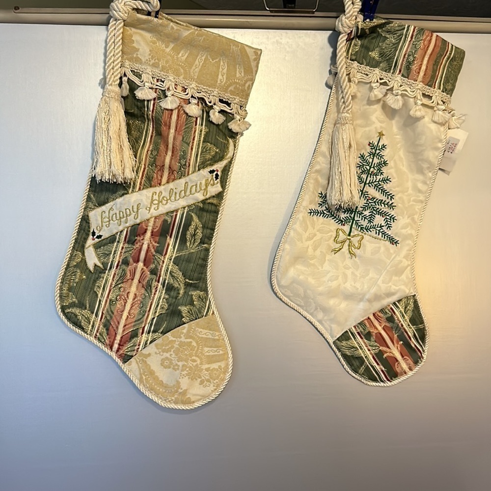 2 House of Hatten Inc holiday tapestry stockings NWT with Christmas tassels big